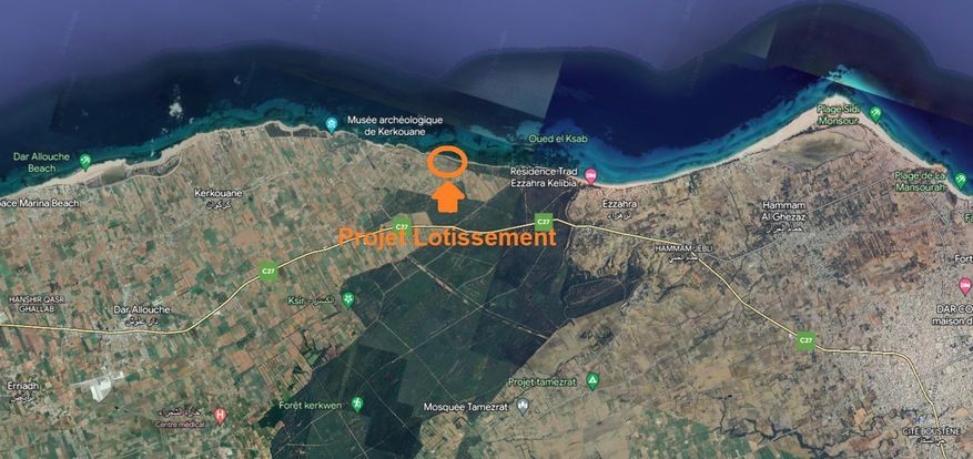 Kelibia&nbsp;Kerkouane&nbsp;Terrain&nbsp;Terrain nu&nbsp;Projet lotissement priv� pieds dans l'eau