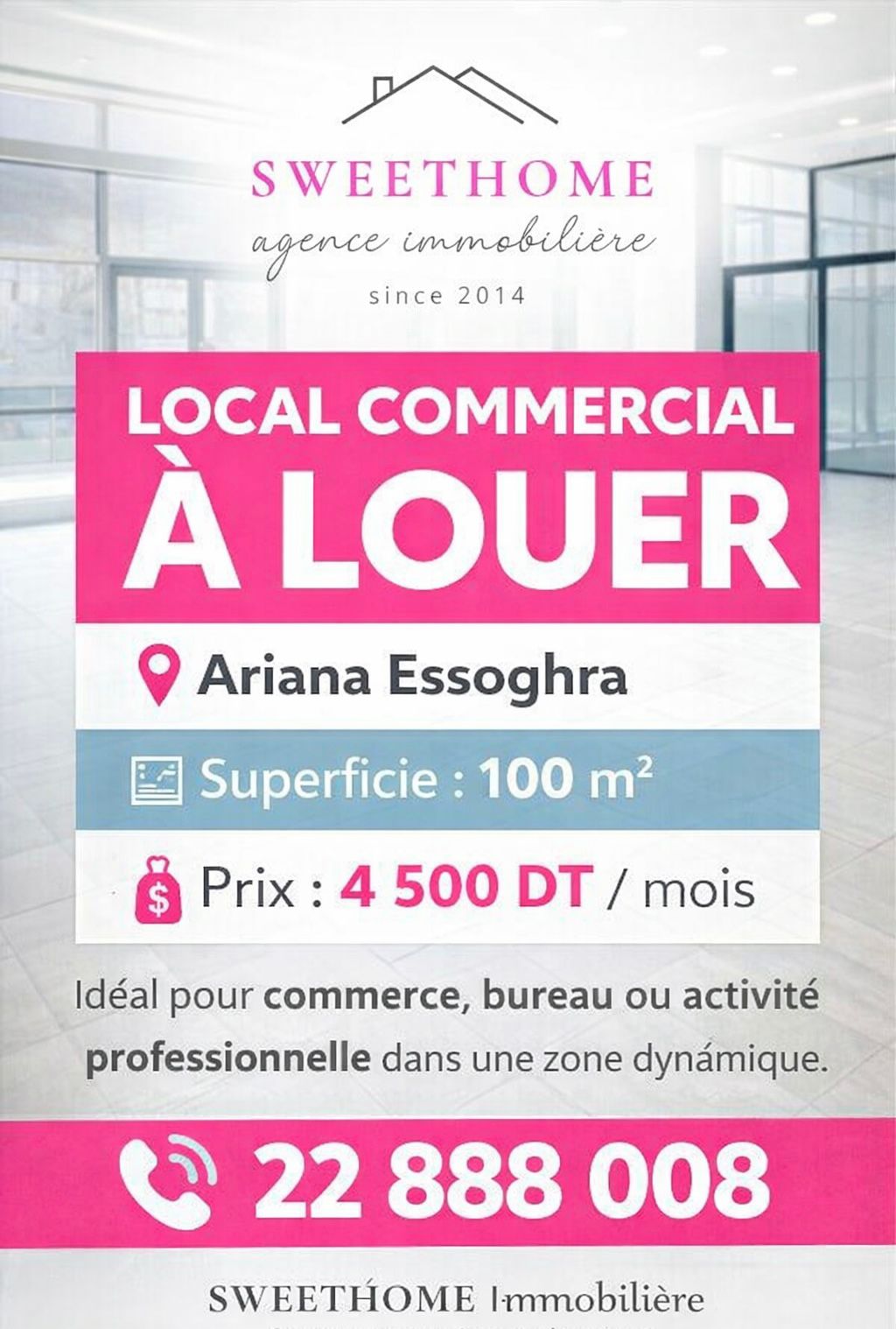 Ariana Ville&nbsp;Ariana&nbsp;Bureaux & Commerces&nbsp;G�rance libre&nbsp;Local commercial 100m2  � ariana essoghra