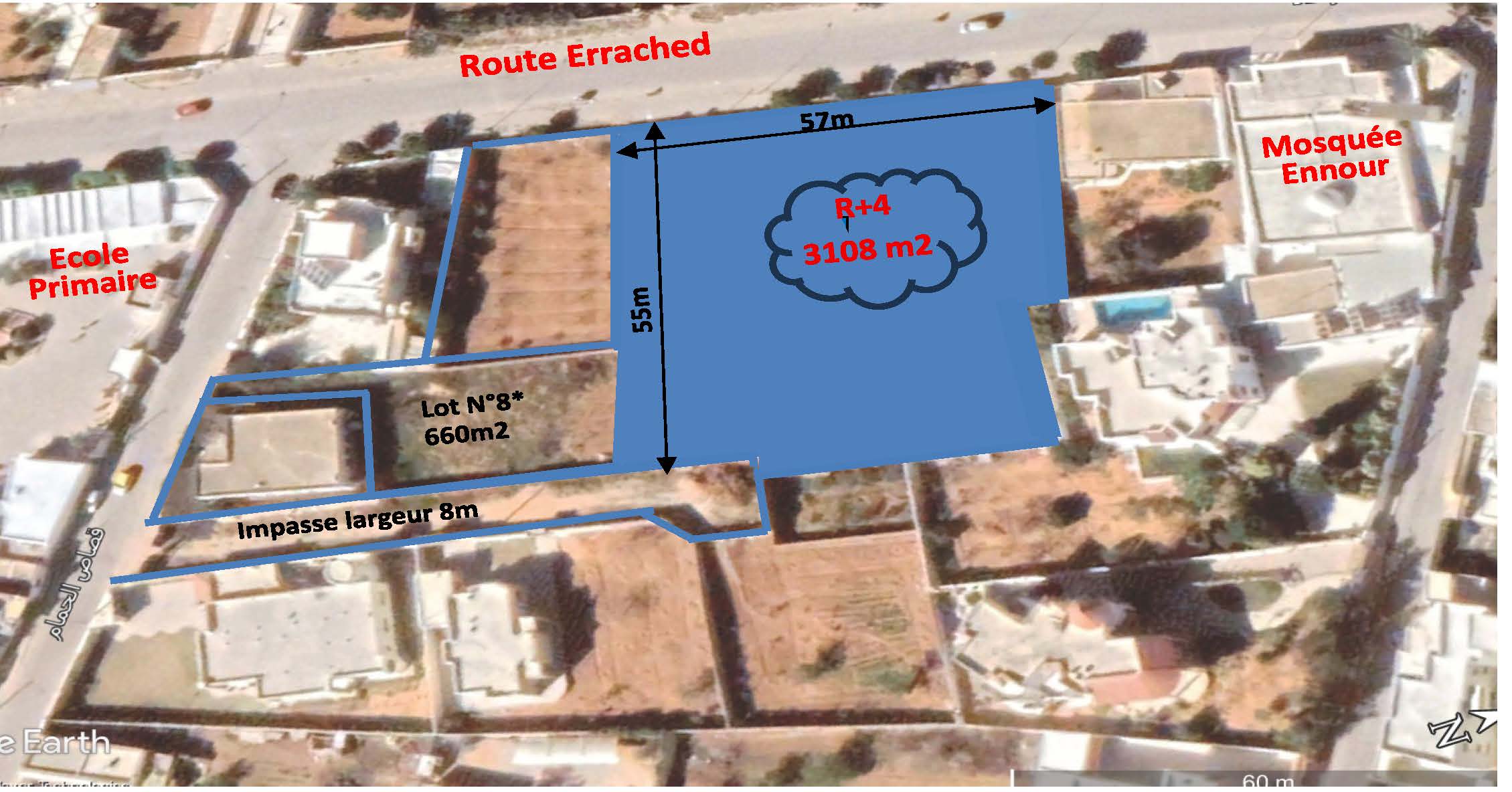 Sakiet Eddaier&nbsp;Sakiet Eddaier&nbsp;Terrain&nbsp;Terrain nu&nbsp;Terrain r4 3108m2 57x55 1 position route errached